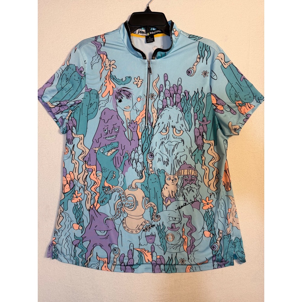 Jamie Sadock Monster Print Golf Top Blue Whimsical Mock Neck Quarter Zip XL